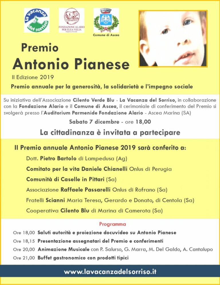 Ascea: il 7 dicembre Pietro Bartolo riceve il Premio Antonio Pianese della Vacanza del Sorriso