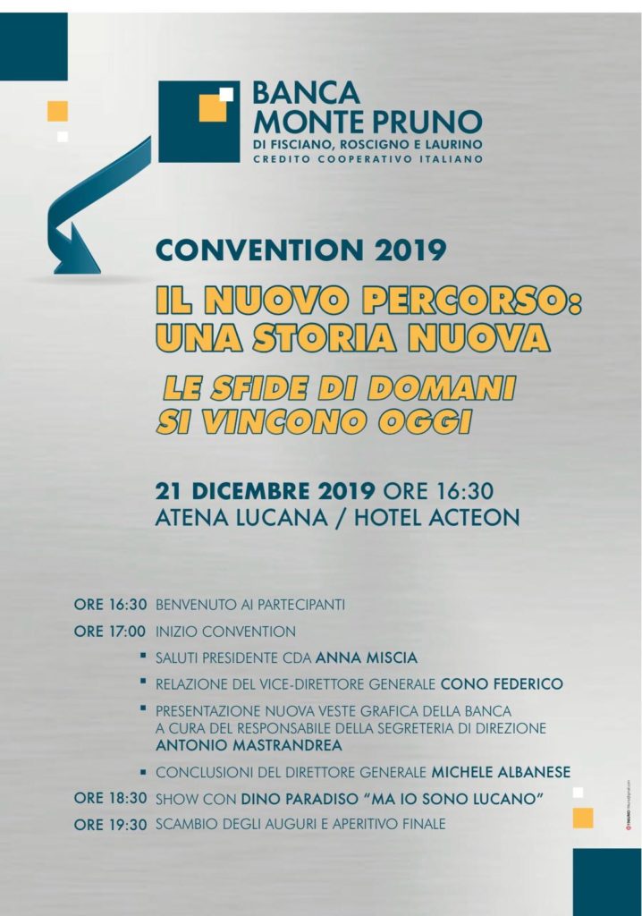 Atena Lucana: il 21 dicembre la Convention della Banca Monte Pruno “Un nuovo percorso: una storia nuova”