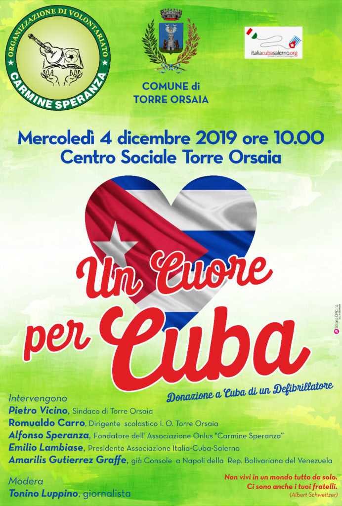 Torre Orsaia: domani l’Associazione Carmine Speranza dona un defibrillatore all’Ambasciata di Cuba