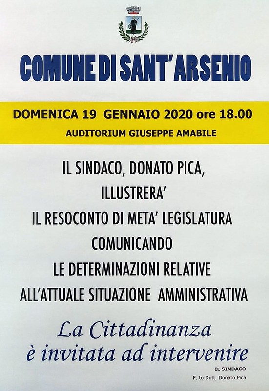 Resoconto di metà legislatura. Domani l’Amministrazione di Sant’Arsenio incontra la cittadinanza