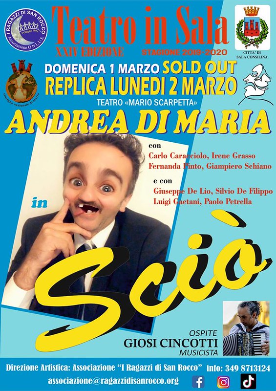 Sold out lo spettacolo del 1° marzo di Andrea di Maria a Teatro in Sala. In programma il bis di “Sciò”