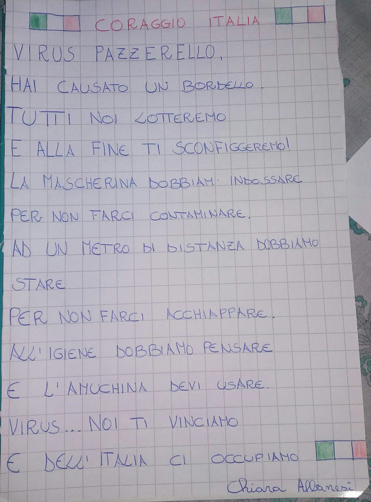 La speranza e l’allegria dei bambini contro il Coronavirus.La poesia della piccola Chiara Albanesi di Sassano