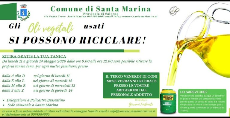 Dal Comune di Santa Marina un’iniziativa per la salvaguardia dell’ambiente: riciclo degli oli vegetali usati