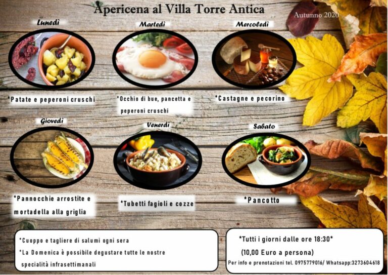 Autunno 2020 – Tante prelibatezze all’apericena del Villa Torre Antica di Atena Lucana