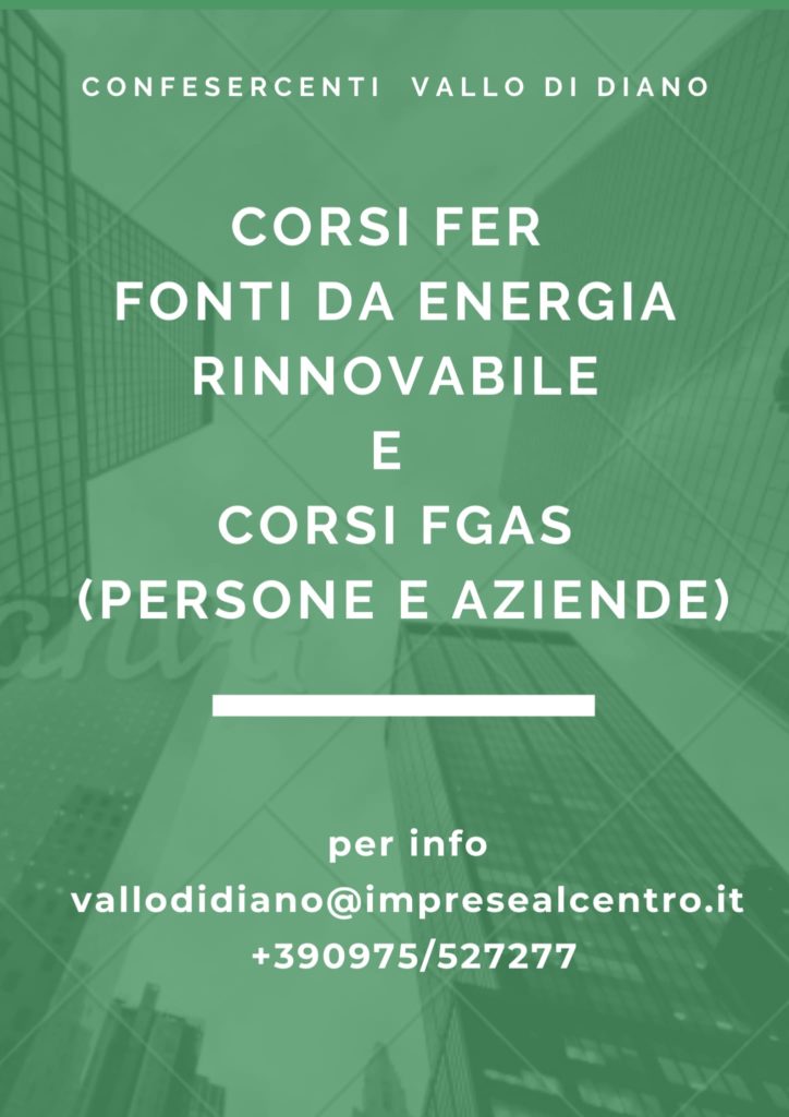 Confesercenti Vallo di Diano organizza corsi per fonti da energia rinnovabile ed F-gas