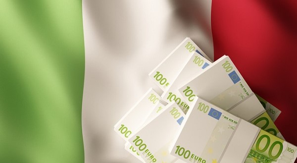 Euro banknotes over Italy flag