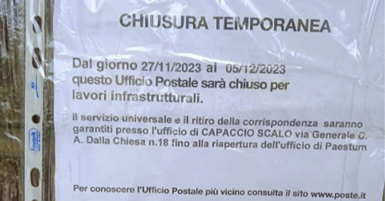 chiusura ufficio postale capaccio